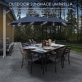 Outdoor Sunshade Umbrella with Solar-Powered LED Lights for Patio Dining - Eco-Friendly Shade Solution. Outdoor sunshade umbrella, solar-powered LED lights, patio dining, eco-friendly, shade solution, outdoor activities, wooden dining table, concrete patio.