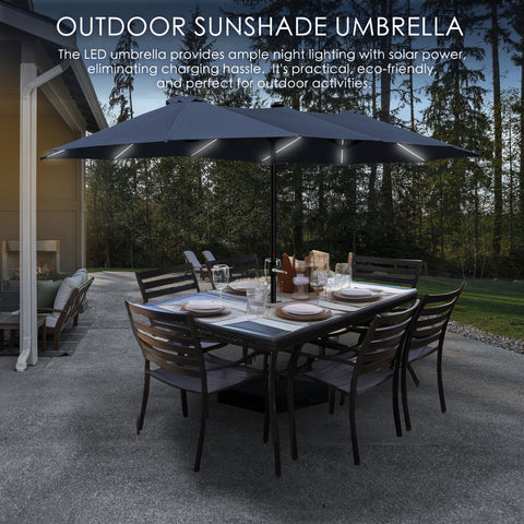 Outdoor Sunshade Umbrella with Solar-Powered LED Lights for Patio Dining - Eco-Friendly Shade Solution. Outdoor sunshade umbrella, solar-powered LED lights, patio dining, eco-friendly, shade solution, outdoor activities, wooden dining table, concrete patio.