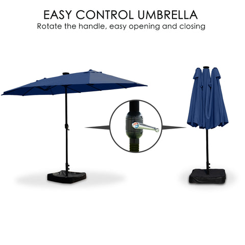 Navy blue easy control umbrella shown open and closed, featuring a handle for easy opening and closing with a weighted base.easy control umbrella, handle, easy opening, weighted base, outdoor umbrella.