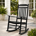 Kozyard White Wooden Rocking Chair on front porch, classic high back outdoor rocker with rustic farmhouse look for patio decor.