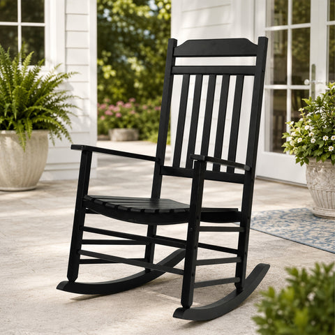 Kozyard White Wooden Rocking Chair on front porch, classic high back outdoor rocker with rustic farmhouse look for patio decor.