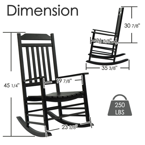 kozyard rocking chair dimension chart, high back outdoor rocker seat dimensions and weight capacity diagram. Features wide armrests, slatted contoured seat, ergonomic high-back support, and heavy-duty reinforced structure. Crafted from weather-resistant HDPE poly lumber material for long-lasting patio deck backyard balcony lawn porch use.