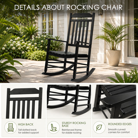 Kozyard white porch rocker features: high slatted back support, sturdy reinforced rocking base, and comfortable rounded edges.