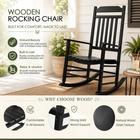 Kozyard solid wood rocking chair with natural wood grain texture, breathable all-weather material for classic farmhouse look.