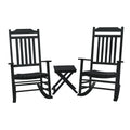 Black Wooden Rocking Chair Set with Side Table
A set of two black wooden rocking chairs accompanied by a small black wooden side table. Ideal for creating a cozy outdoor or indoor seating area for relaxation and socializing.
