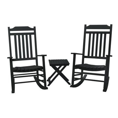 Black Wooden Rocking Chair Set with Side Table
A set of two black wooden rocking chairs accompanied by a small black wooden side table. Ideal for creating a cozy outdoor or indoor seating area for relaxation and socializing.
