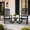 kozyard 3-piece patio rocking chair set, outdoor porch rockers bistro set with small square accent side folding table. Features comfortable slatted high backrest, ergonomic curved seat, smooth glider runners, weather-resistant durable poly lumber HDPE material for front porch garden backyard courtyard deck oasis.