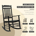 wooden rocking chair designed for leisure, with the tagline "GOOD LOOKING ENJOY THE LEISURE TIME". It highlights the rocking design for relaxation, suitable for deck, patio, beach, and garden settings.