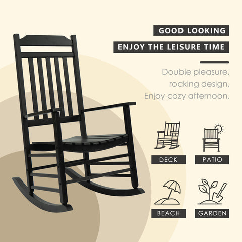 wooden rocking chair designed for leisure, with the tagline "GOOD LOOKING ENJOY THE LEISURE TIME". It highlights the rocking design for relaxation, suitable for deck, patio, beach, and garden settings.