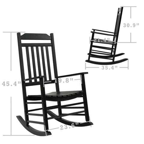 Kozyard wooden rocking chair in black with detailed measurements shown, crafted from durable wood, suitable for comfortable seating on patios, porches and outdoor relaxation areas.