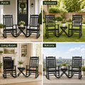kozyard outdoor rocking chair set 3 piece, versatile patio conversation set for front porch, backyard lawn, indoor living room fireplace, apartment balcony deck. Features all-weather resistance, rustic modern farmhouse style, comfortable high slatted back, heavy-duty fade-resistant eco-friendly HDPE poly lumber material.