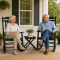 kozyard lawn rocking chair set with side table, senior elderly couple relaxing comfortably on front porch chatting over coffee. Features ergonomic body support, gentle smooth safe rocking motion, high backrest, heavy-duty anti-fade splinter-free all-weather HDPE resin poly lumber wood-alternative material.