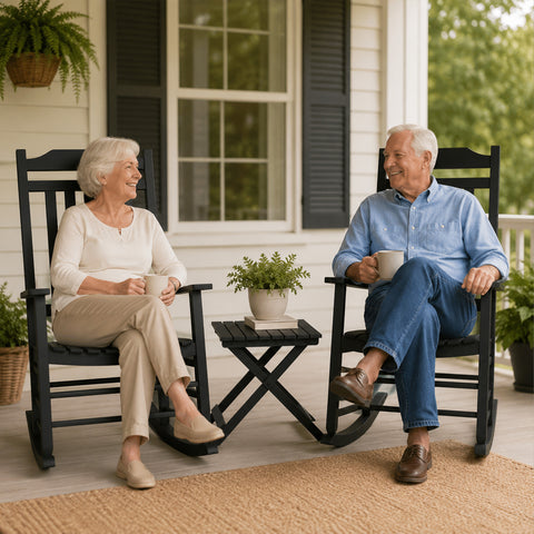 kozyard lawn rocking chair set with side table, senior elderly couple relaxing comfortably on front porch chatting over coffee. Features ergonomic body support, gentle smooth safe rocking motion, high backrest, heavy-duty anti-fade splinter-free all-weather HDPE resin poly lumber wood-alternative material.
