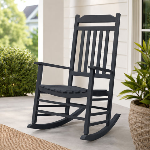 Kozyard White Wooden Rocking Chair on front porch, classic high back outdoor rocker with rustic farmhouse look for patio decor.