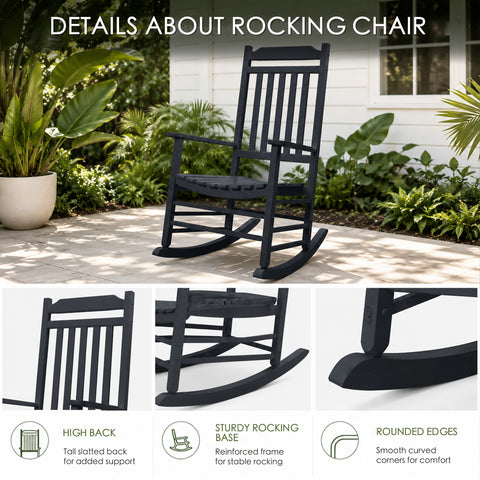 Kozyard white porch rocker features: high slatted back support, sturdy reinforced rocking base, and comfortable rounded edges.