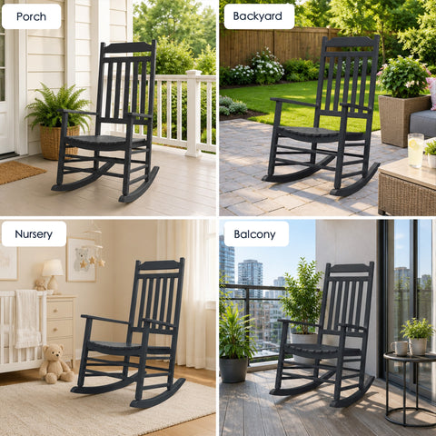 Senior woman relaxing with coffee on Kozyard white solid wood porch rocker, ergonomic garden rocking chair for lawn and deck.