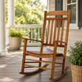 Kozyard Wooden Rocking Chair on front porch, classic high back outdoor rocker with rustic farmhouse look for patio decor.