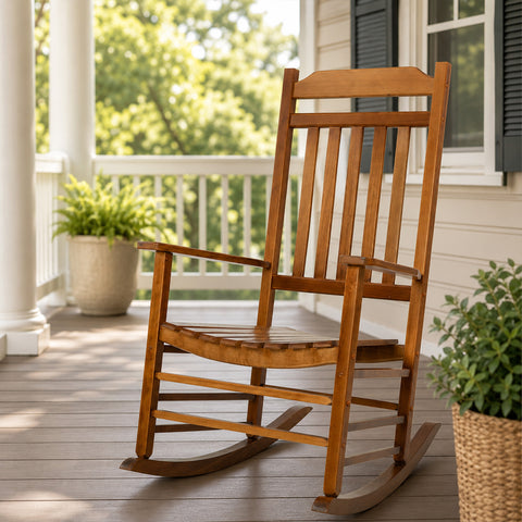 Kozyard Wooden Rocking Chair on front porch, classic high back outdoor rocker with rustic farmhouse look for patio decor.