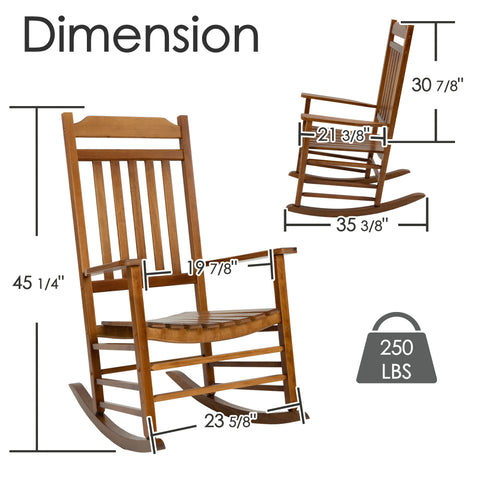 kozyard rocking chair dimension chart, high back outdoor rocker seat dimensions and weight capacity diagram. Features wide armrests, slatted contoured seat, ergonomic high-back support, and heavy-duty reinforced structure. Crafted from weather-resistant HDPE poly lumber material for long-lasting patio deck backyard balcony lawn porch use.