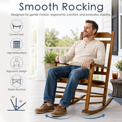 Kozyard ergonomic smooth rocking chair with curved seat, safe 20 to 50 degree tilting angle, and stable high slatted back.