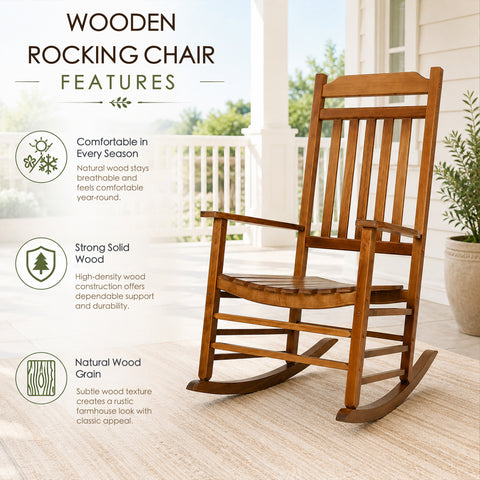 Kozyard solid wood rocking chair with natural wood grain texture, breathable all-weather material for classic farmhouse look.