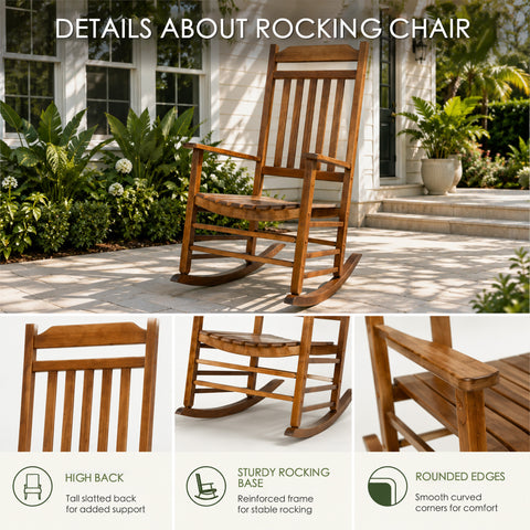 kozyard modern porch rocking chair close-up details, showcasing premium craftsmanship with tall slatted high back support, sturdy heavy-duty reinforced rocking runners base, safe smooth rounded edges armrests. Constructed from rust-proof weather-resistant splinter-free solid HDPE poly lumber material.