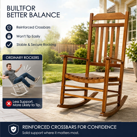 kozyard safe outdoor rocking chair, heavy-duty porch rocker built for better balance and stability. Features multiple reinforced crossbars frame, won't tip easily design, anti-overturn secure rocking protection. Constructed from solid high-density weather-resistant all-weather HDPE poly lumber material for maximum safety.