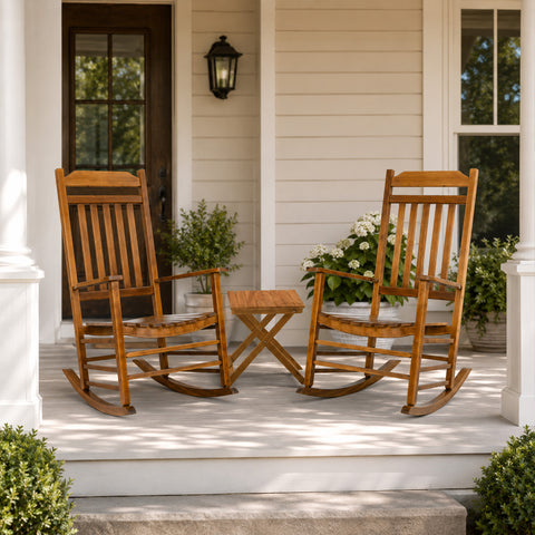 kozyard 3-piece patio rocking chair set, outdoor porch rockers bistro set with small square accent side folding table. Features comfortable slatted high backrest, ergonomic curved seat, smooth glider runners, weather-resistant durable poly lumber HDPE material for front porch garden backyard courtyard deck oasis.