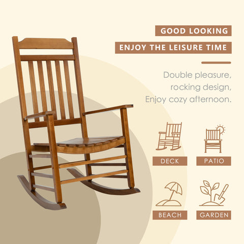 wooden rocking chair designed for leisure, with the tagline "GOOD LOOKING ENJOY THE LEISURE TIME". It highlights the rocking design for relaxation, suitable for deck, patio, beach, and garden settings.