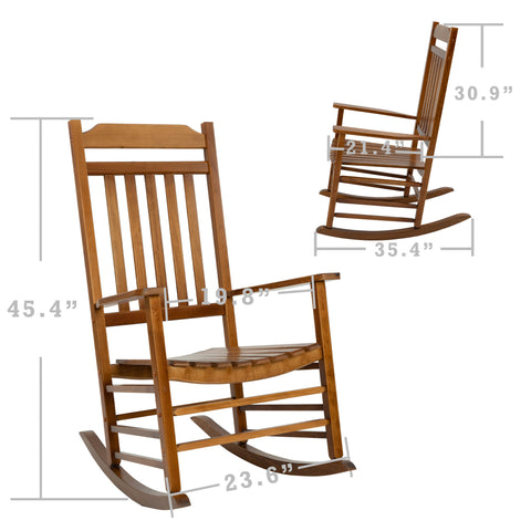Kozyard wooden rocking chair in black with detailed measurements shown, crafted from durable wood, suitable for comfortable seating on patios, porches and outdoor relaxation areas.