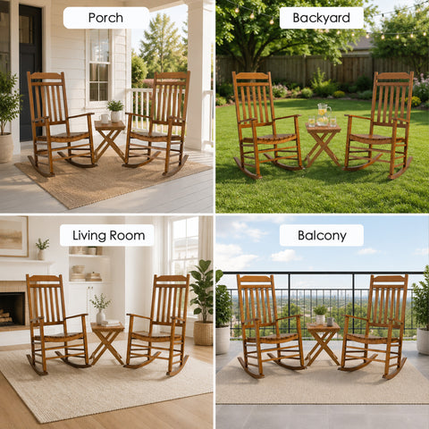 kozyard outdoor rocking chair set 3 piece, versatile patio conversation set for front porch, backyard lawn, indoor living room fireplace, apartment balcony deck. Features all-weather resistance, rustic modern farmhouse style, comfortable high slatted back, heavy-duty fade-resistant eco-friendly HDPE poly lumber material.