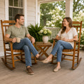 kozyard lawn rocking chair set with side table, senior elderly couple relaxing comfortably on front porch chatting over coffee. Features ergonomic body support, gentle smooth safe rocking motion, high backrest, heavy-duty anti-fade splinter-free all-weather HDPE resin poly lumber wood-alternative material.