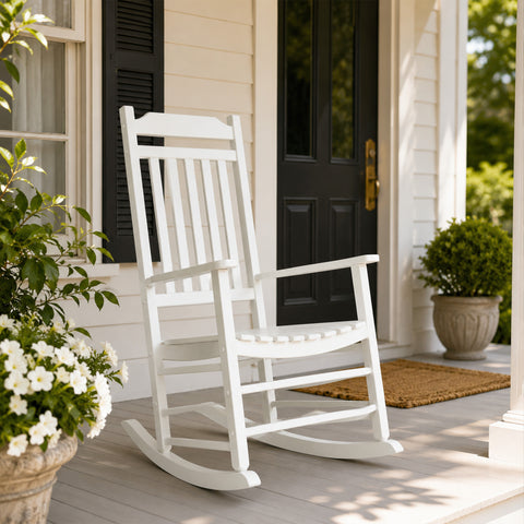 Kozyard White Wooden Rocking Chair on front porch, classic high back outdoor rocker with rustic farmhouse look for patio decor.