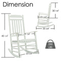 Kozyard white wooden rocking chair dimensions and 250 lbs heavy duty weight capacity guide for patio porch furniture.