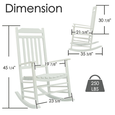Kozyard white wooden rocking chair dimensions and 250 lbs heavy duty weight capacity guide for patio porch furniture.
