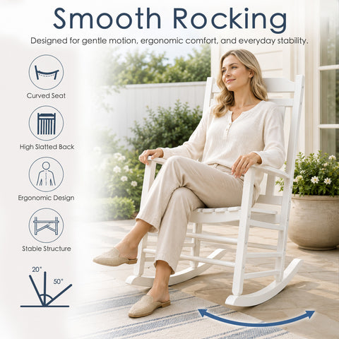 Kozyard ergonomic smooth rocking chair with curved seat, safe 20 to 50 degree tilting angle, and stable high slatted back.
