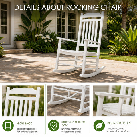 Kozyard white porch rocker features: high slatted back support, sturdy reinforced rocking base, and comfortable rounded edges.