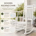 Kozyard white porch rocker features: high slatted back support, sturdy reinforced rocking base, and comfortable rounded edges.