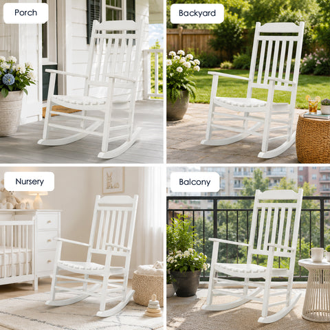 Kozyard indoor outdoor rocking chair set for front porch, backyard patio, baby nursery room, and apartment balcony layout.