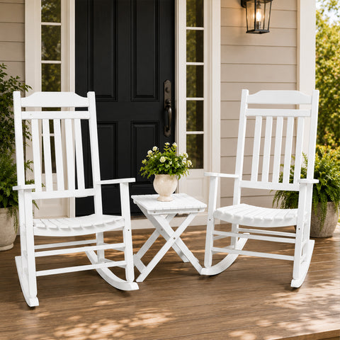 kozyard 3-piece patio rocking chair set, outdoor porch rockers bistro set with small square accent side folding table. Features comfortable slatted high backrest, ergonomic curved seat, smooth glider runners, weather-resistant durable poly lumber HDPE material for front porch garden backyard courtyard deck oasis.