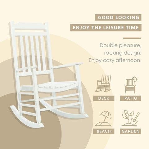 wooden rocking chair designed for leisure, with the tagline "GOOD LOOKING ENJOY THE LEISURE TIME". It highlights the rocking design for relaxation, suitable for deck, patio, beach, and garden settings.