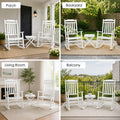 kozyard outdoor rocking chair set 3 piece, versatile patio conversation set for front porch, backyard lawn, indoor living room fireplace, apartment balcony deck. Features all-weather resistance, rustic modern farmhouse style, comfortable high slatted back, heavy-duty fade-resistant eco-friendly HDPE poly lumber material.
