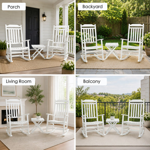 kozyard outdoor rocking chair set 3 piece, versatile patio conversation set for front porch, backyard lawn, indoor living room fireplace, apartment balcony deck. Features all-weather resistance, rustic modern farmhouse style, comfortable high slatted back, heavy-duty fade-resistant eco-friendly HDPE poly lumber material.