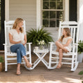 kozyard lawn rocking chair set with side table, senior elderly couple relaxing comfortably on front porch chatting over coffee. Features ergonomic body support, gentle smooth safe rocking motion, high backrest, heavy-duty anti-fade splinter-free all-weather HDPE resin poly lumber wood-alternative material.