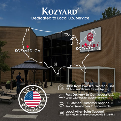 Kozyard dedicated to local US service fast delivery banner featuring US map with California CA and New Jersey NJ warehouses for quick shipping across contiguous US responsive US based customer service local after sales support easy returns and exchanges outdoor patio gazebo louvered pergola furniture display behind storefront