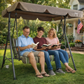 Kozyard 3-Seat Patio Swing with Scalloped Adjustable Sun Canopy, Heavy-Duty Steel Stand, Breathable Mesh Fabric Cushions, Outdoor Porch Swing for Couple Relaxation

