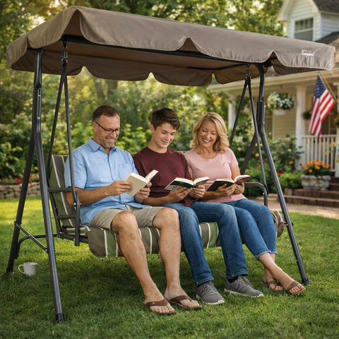 Kozyard 3-Seat Patio Swing with Scalloped Adjustable Sun Canopy, Heavy-Duty Steel Stand, Breathable Mesh Fabric Cushions, Outdoor Porch Swing for Couple Relaxation

