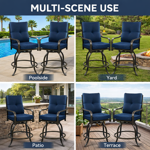 Kozyard Outdoor Bar Stools Set - Swivel Patio Furniture with Comfortable Padded Seats & Armrests. Multi-scene use (poolside, yard, patio, terrace) built with sturdy metal frame and durable outdoor fabric, ideal for outdoor relaxation & dining.
