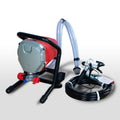 Airless Paint Sprayer with Hose and Spray Gun for Professional Painting. Red and gray airless paint sprayer with a black hose, spray gun, and suction tube, ideal for professional painting projects. Airless paint sprayer, professional painting tool, spray gun, hose, painting equipment, home improvement, DIY painting


