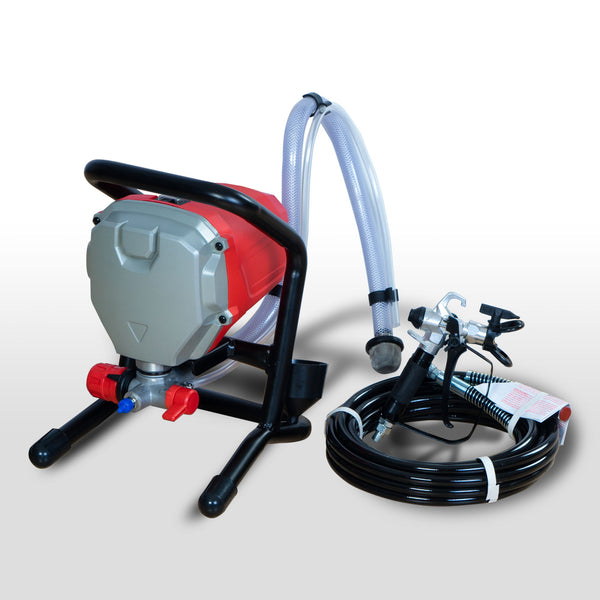 Airless Paint Sprayer with Hose and Spray Gun for Professional Painting. Red and gray airless paint sprayer with a black hose, spray gun, and suction tube, ideal for professional painting projects. Airless paint sprayer, professional painting tool, spray gun, hose, painting equipment, home improvement, DIY painting

